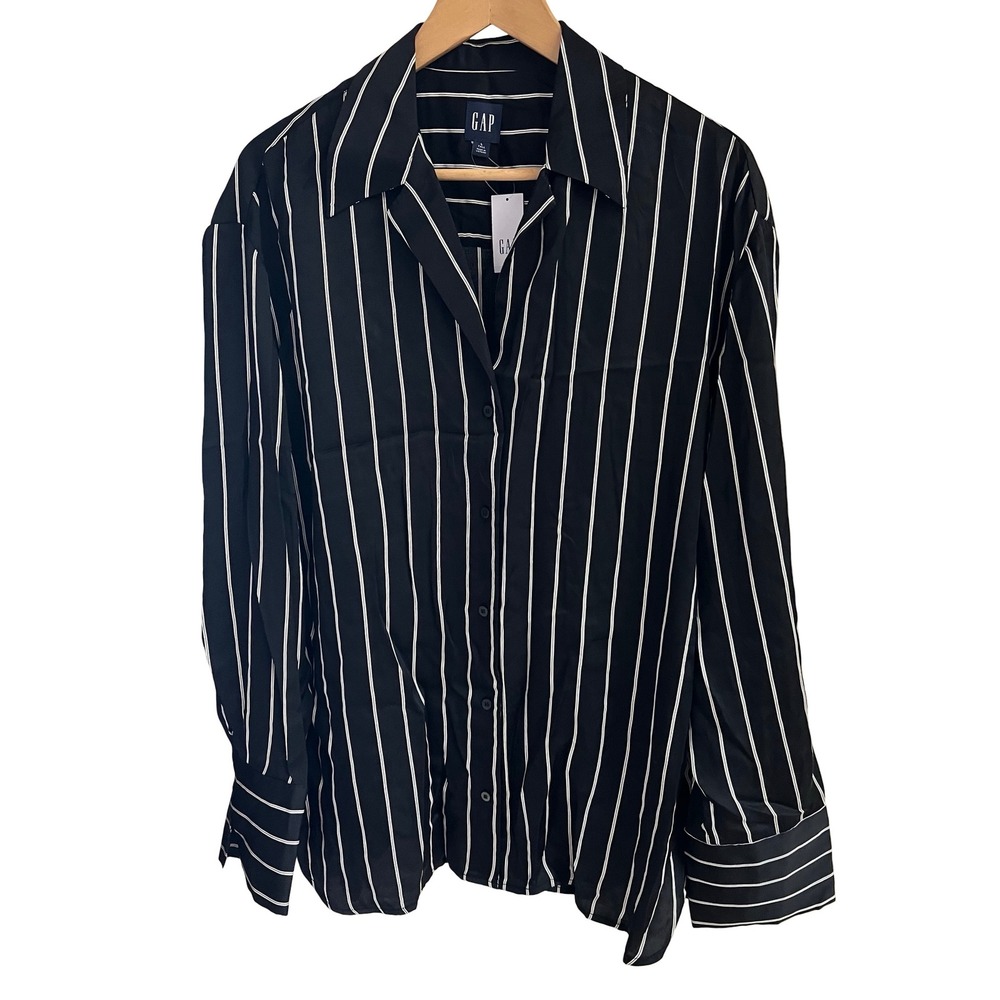 NWT GAP $70 Black Striped Satin Relaxed Shirt Sz L/Tall Polished Office Chic